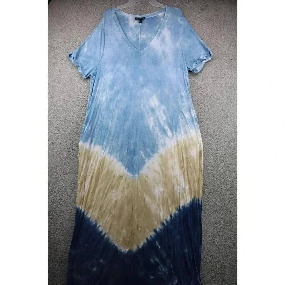 Lane Bryant Tye Dye Maxi Dress-Jersey Knit-14-16W-Pockets-Rayon-Soft